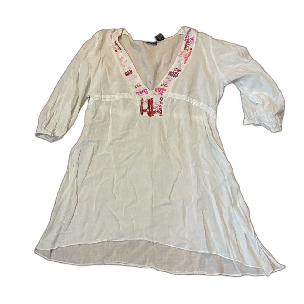 Raviya Cotton Tunic Top S White V Neck Beaded Boho Beach Swim Cover Up Coastal